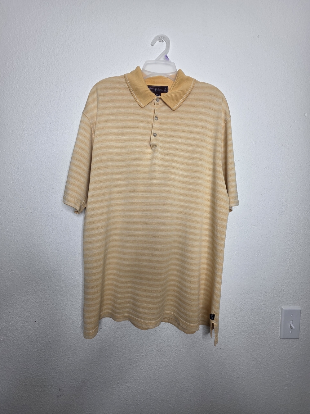 Tommy Bahama 18 Golf Mens L Yellow Beige Striped Short Sleeve Polo Palm Tree - Picture 1 of 15